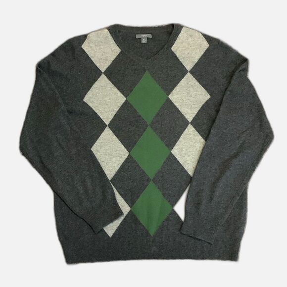Apt. 9 Gray Green 100% Cashmere V-Neck Long Sleeve Argyle Sweater Size XL - Picture 1 of 10